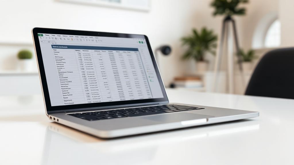 Laptop showing an up-to-date accounting spreadsheet on a bright desk