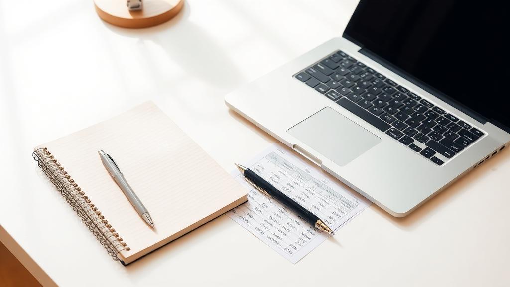 Desk with a notebook, pen and printed payroll figures beside a laptop
